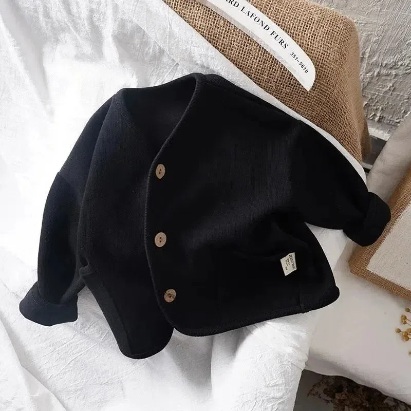 2024 Spring New Children Long Sleeve Cardigan Coat Baby Boy Girls Solid Casual Tops Cotton Toddler Versatile Jacket Kids Clothes