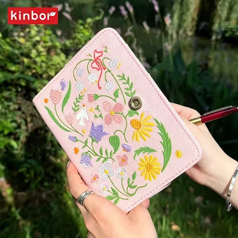 キンボール-オリジナル-a6-uv変色日記、日付なし、刺繍カバー、花柄の美しいデザイン、持ち運び可能なノート、文具ギフト。
