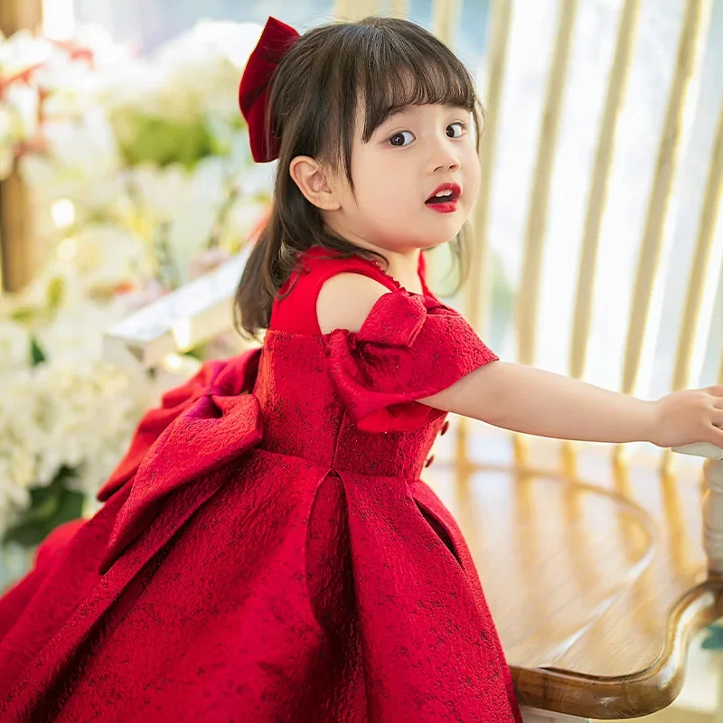 

2023 Chinese Red Ball Gown for Baby Girls Kids First Birthday Dress Toddlers Big Bow Ruched Dresses Children Formal Partywear