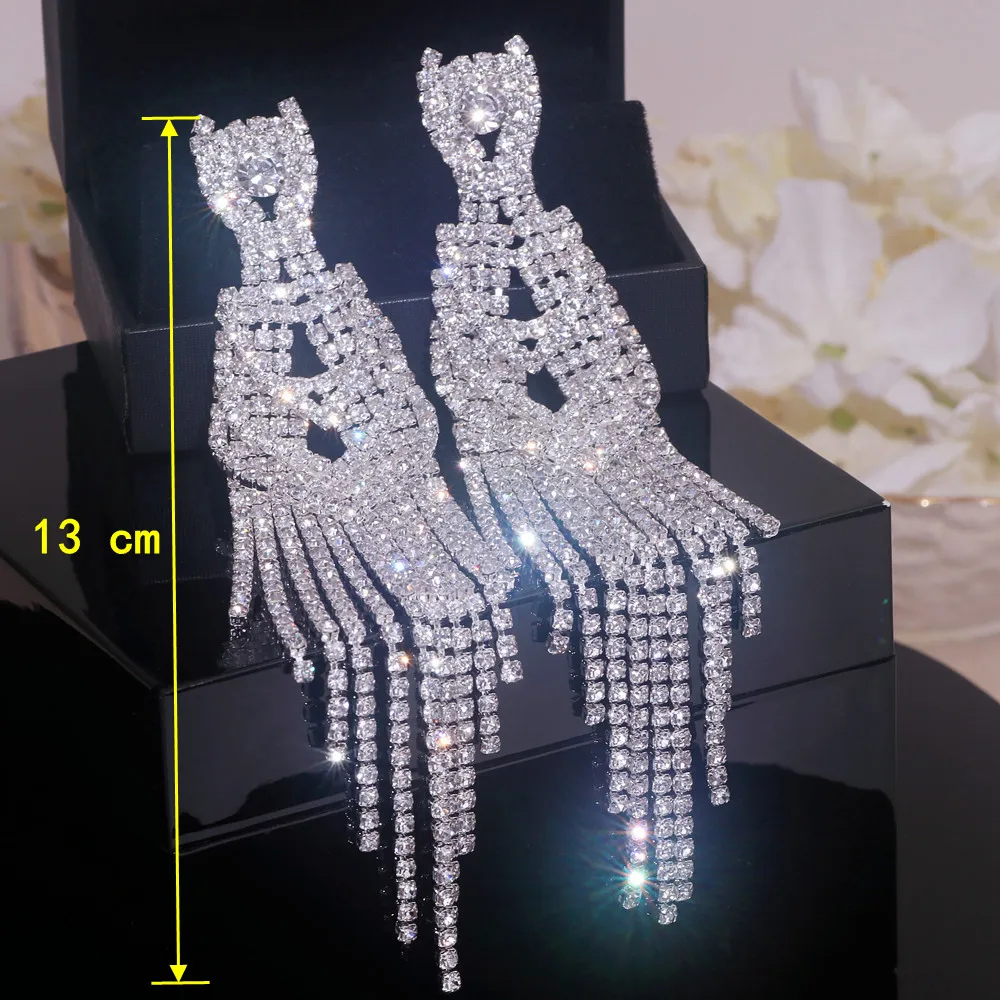 New Fashion Geometric Long Dangle Earrings for Women Shiny Full Rhinestone Tassel Drop Earring Brincos Party Wedding Jewelry