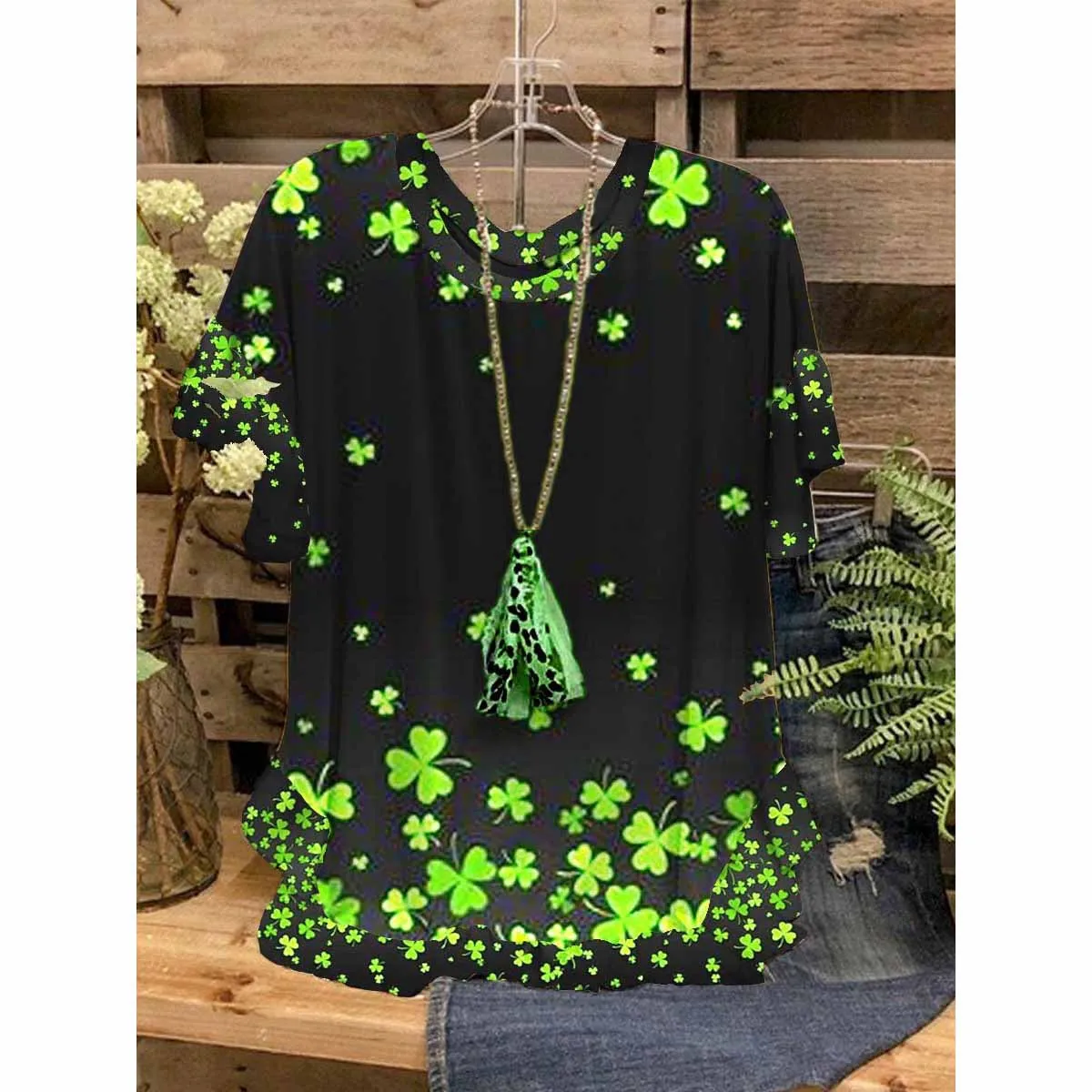 Women Tops T-Shirts 3D Ruffled O-Neck Short Sleeves Four-Leaf Clover Print Printed Loose Casual T-Shirts Summer Streetwear