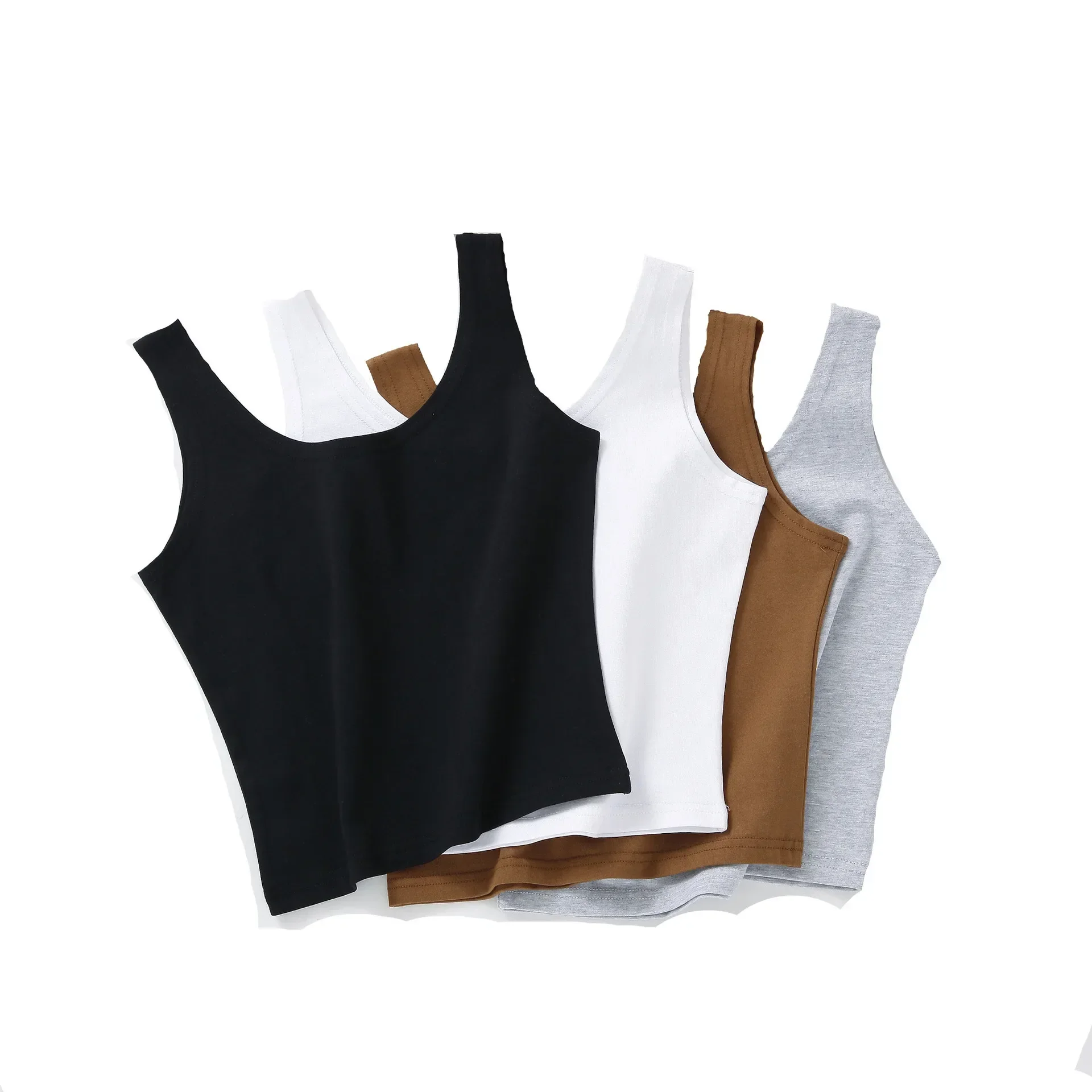 Grosir wanita warna Solid Suspender kamisol Tank Top untuk wanita pendek Yoga olahraga Crop Top tanpa lengan seksi Slim Fit atasan