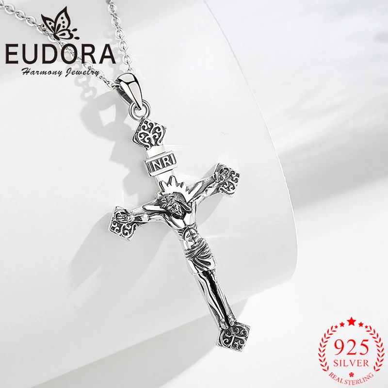 

Ожерелье с крестом Eudora, стерлинговое серебро 925 пробы, кулон с Иисусом, христианский амулет, духовные украшения, винтажный подарок для мужчин и женщин