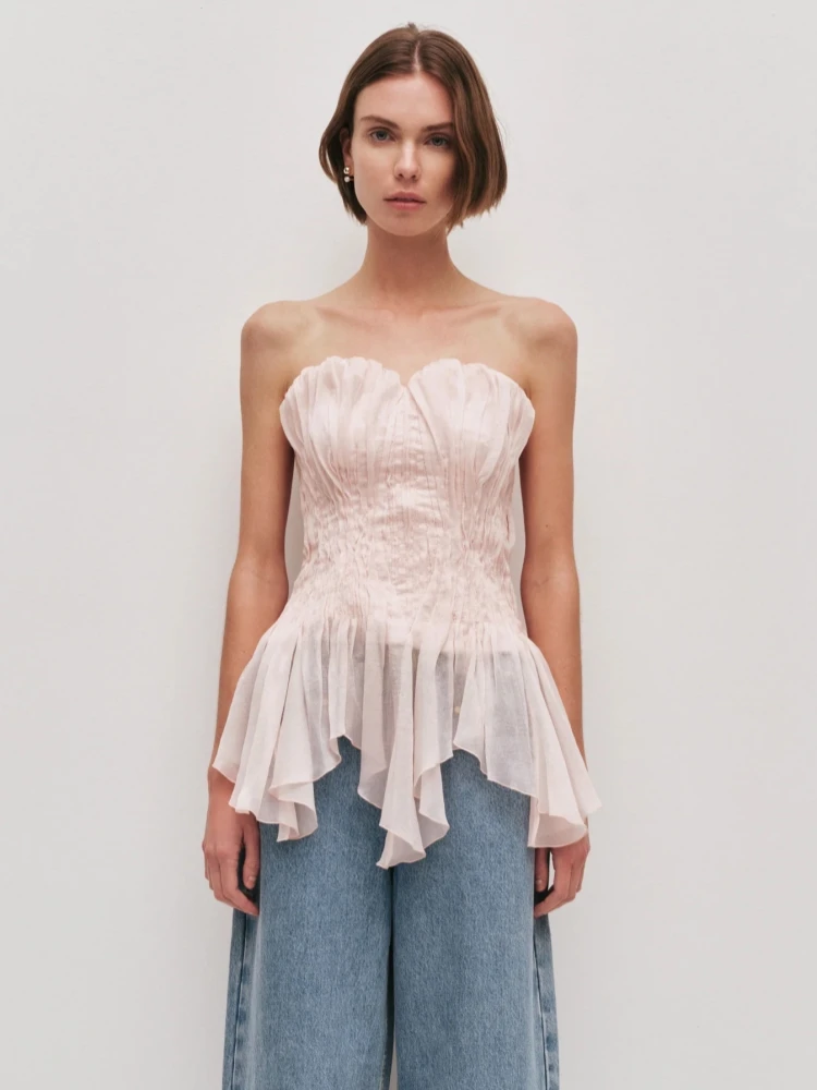 

Sexy Strapless Asymmetrical Pleated Ruffle Top Women Pink Sleeveless Irregular Folds Design Tube Tops Evening Holiday Beach