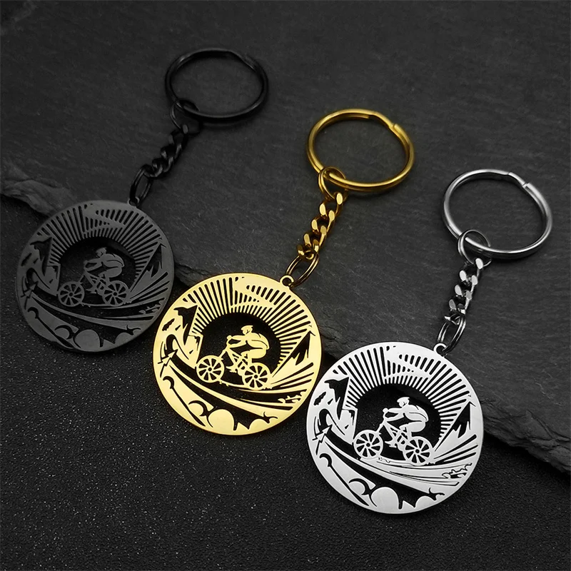 Hiphop Cycling Man Road Pendant Keychain Women Men Stainless Steel Gold Color Bicycle Sports Gap Travel Male Keyring Jewelry