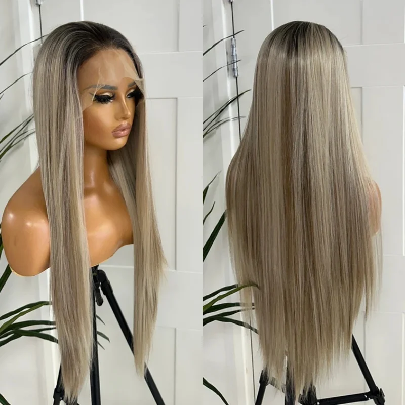 

Парик для косплея на каждый день 13X4, свободная часть, Ombre Highlight, пепельно-русый парик, HD, невидимый натуральный прямой синтетический парик спереди