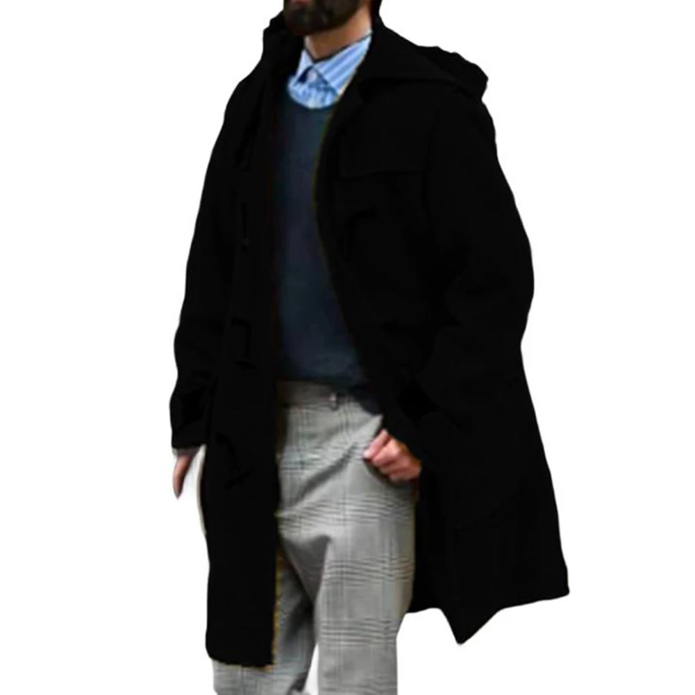 Men\\\'s Thickened Woolen Hooded Coat Buckle Jacket Classic Trench Design Suitable for Office Daily and Vacation Use