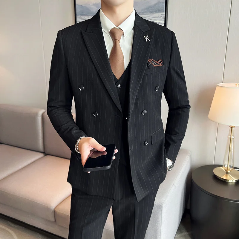 (Jacket + Vest + Pants) Brand Boutique Striped Thick Mens Slim Casual Business Double-breasted Suit 3Pcs Set Groom Wedding Dress