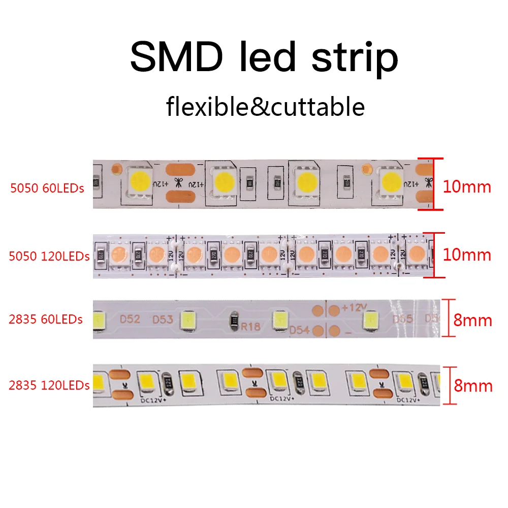 Bande LED Rgb 12V étanche, 5M, Flexible, SMD2835 5050, 60 120 diodes, lumières blanches chaudes, rouges, vertes, bleues, roses