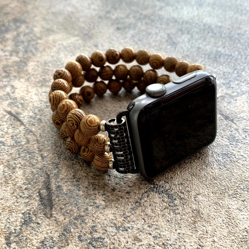 Retro Handmade Wood Beads Elastic Bracelet For Apple Watch Strap Wooden 40mm 44mm 41mm 45mm 49mm iWatch Band Series 4 5 6 7 8 SE