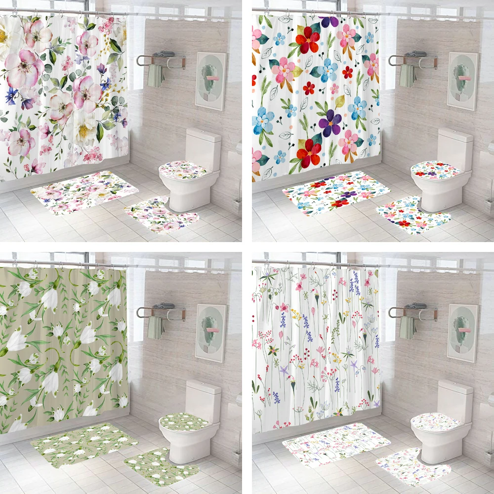 

Floral Flowers Printed Shower Curtain Nordic Style Waterproof Bathroom Curtains Home Decoration Non-Slip Rugs Bath Mat Set