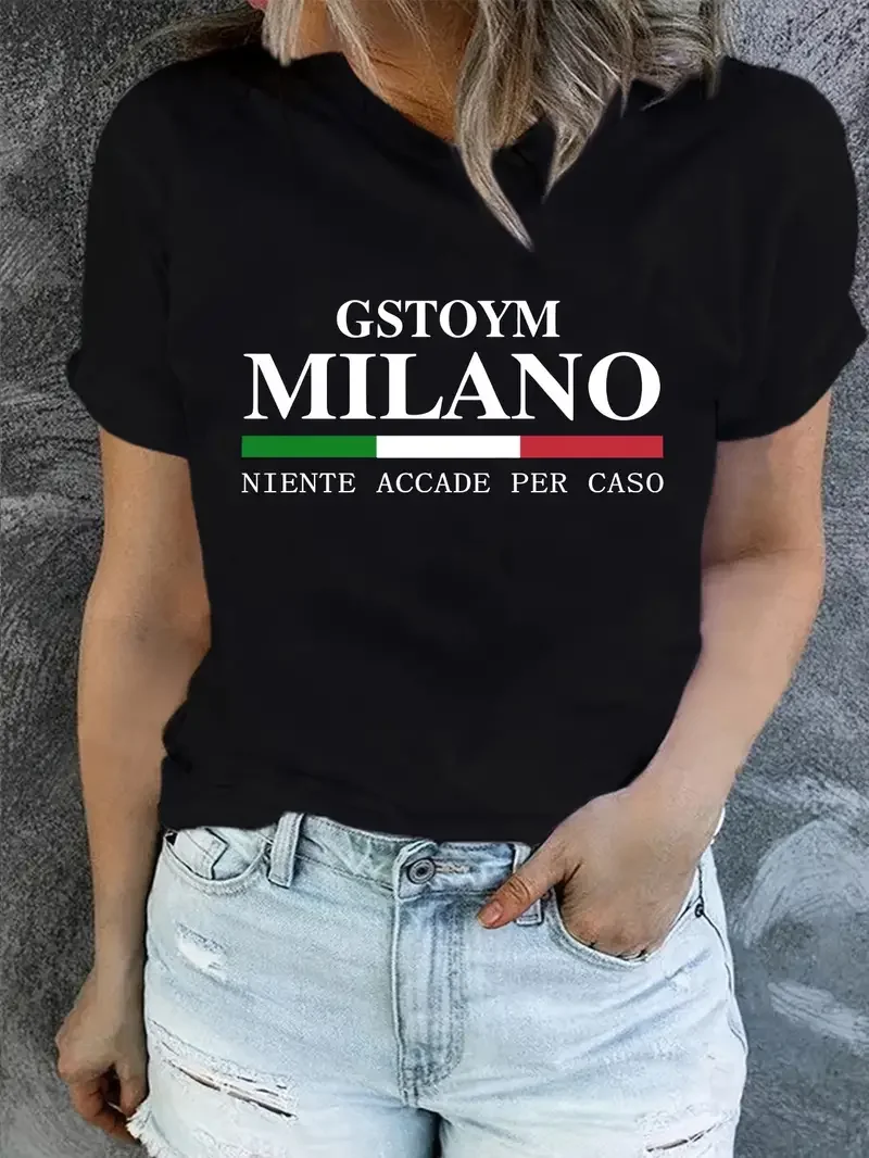 GSTOYM Milano Graphic T-Shirt Black/white Women's Summer Fashion Harajuku O-Neck tops tee Casual Personalized design clothes