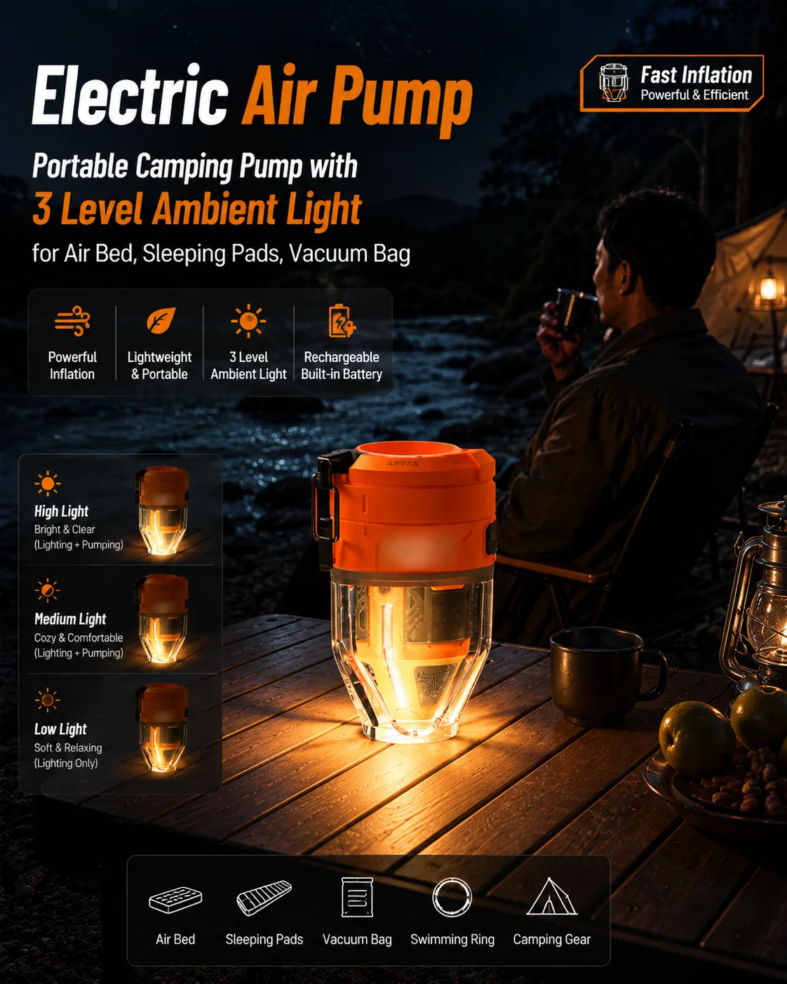 Electric Air Pump, Portable Camping Pump with 3 Level Ambient Light for Air Bed, Sleeping Pads, Vacuum Bag