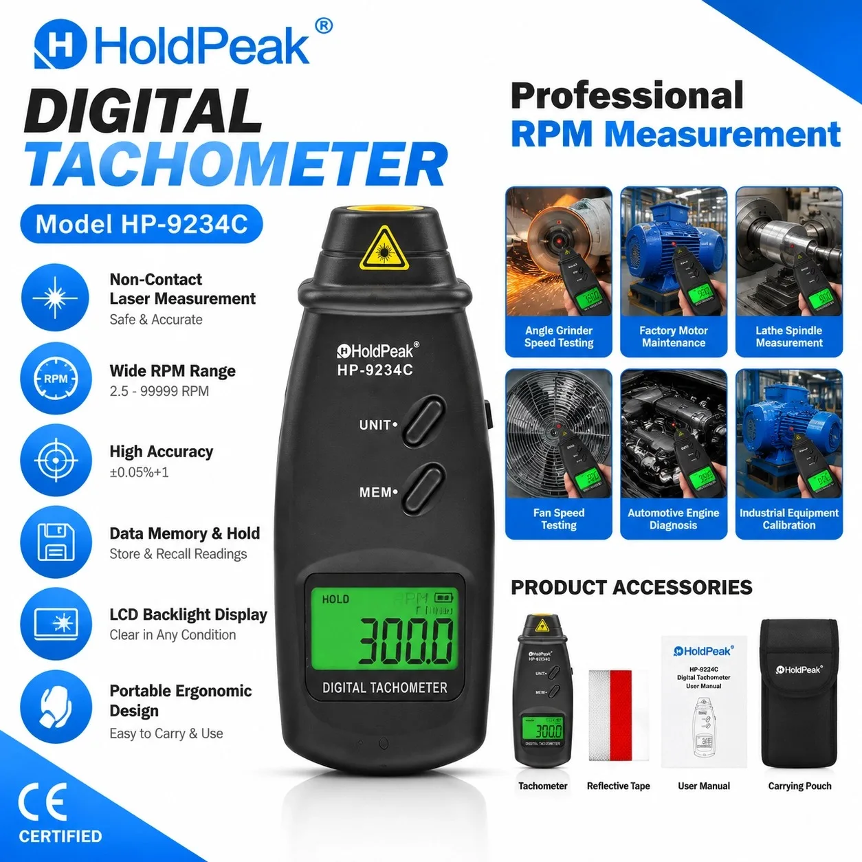 HoldPeak 9234C Laser Tachometer Non-Contact 7-99999rpm RPM Meter 5-Digit LCD MAX/MIN/AVG 40 Data Memory Lock Mode