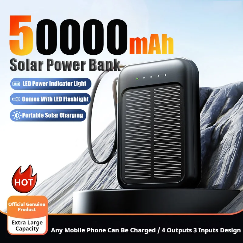 

Солнечная батарея емкостью 50000 мАч со встроенным кабелем, быстрое зарядное устройство, 2 порта USB, внешнее зарядное устройство и светодиодная подсветка для Iphone, Samsung, Xiaomi