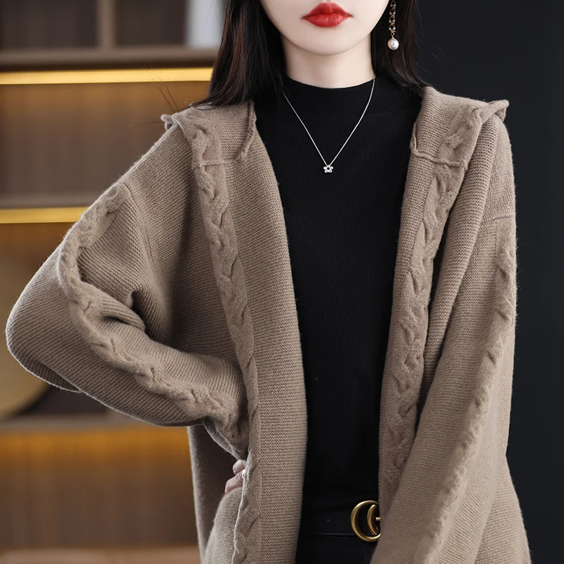 2023 Spring New Cashmere Cardigan Women's Korean Casual Knitted Jacket 100% Pure Wool Loose Fashion Hooded Cardigan Coat Sweater