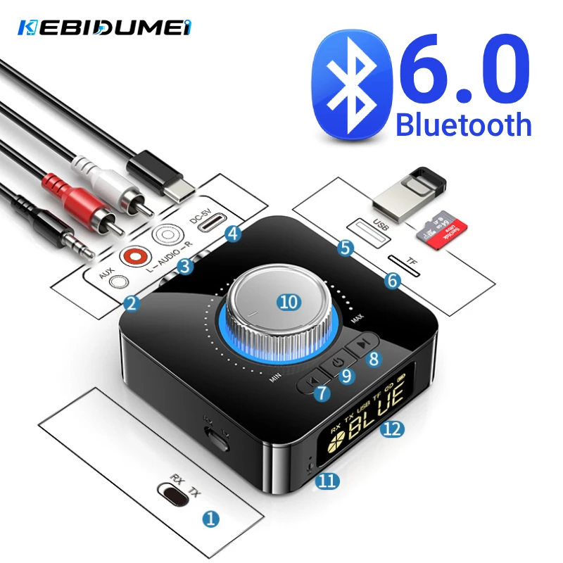 KEBIDUMEI Bluetooth 6.0 Empfänger Sender TF/U-Disk RCA 3,5 mm AUX Audio Wireless Adapter Fernbedienung für Auto Lautsprecher Verstärker