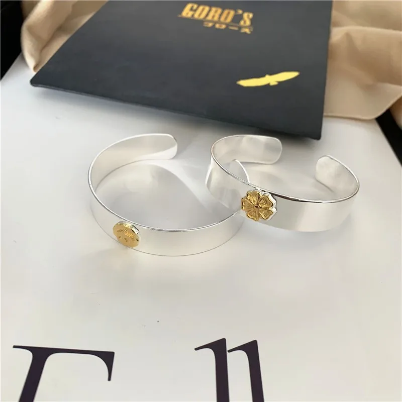 

Top quality takahashi goro's silver flying bird point gold open bracelet indian ethnic style flat beat couple bracelet