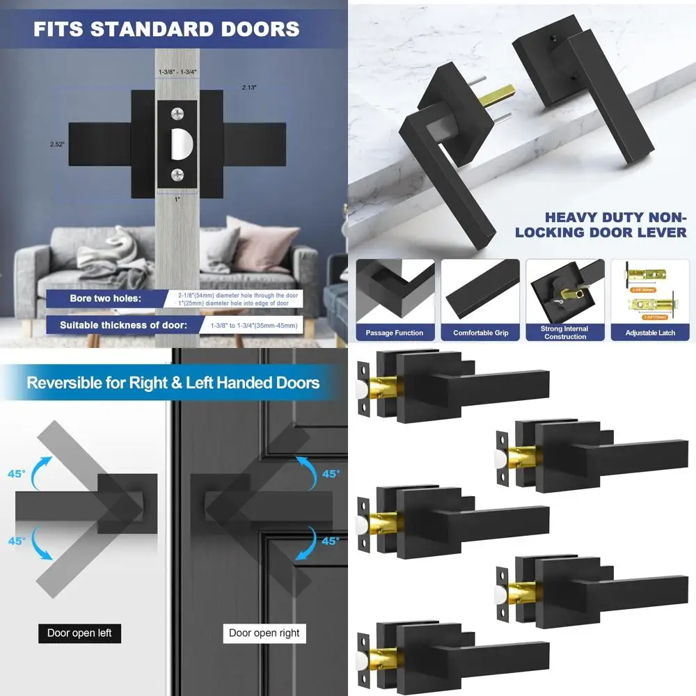 

Набор из 5 матовых черных квадратных дверных ручек без фиксатора для межкомнатных дверей и коридоров