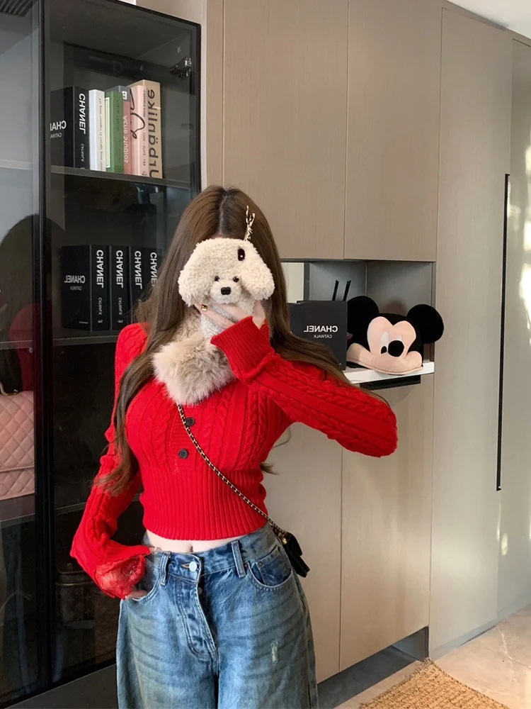 

Sweet And Spicy Girl Lace Splice Twisted Knitwear Women's ort Waist-Cinching Slimming Long Sve Sweater Trendy Spring 2026