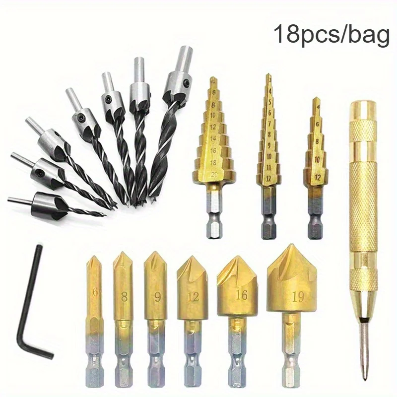 18-piece Heavy-duty Metal Drill Bit Set   Including Step Drills   Center Punches  Triangular Drills Five-flute Countersink  Etc
