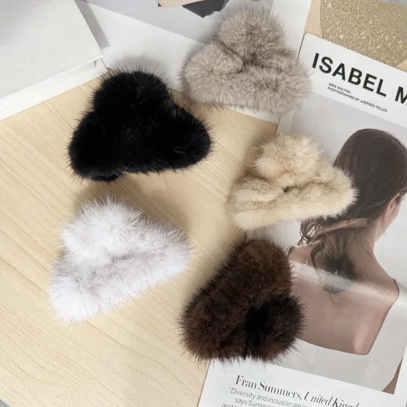 \New Mink Fur Hair Clip For Women Autumn And Winter Fluffy Fur Shark Clip Hairpins Crab For Women Girls Korean Hair Accessories