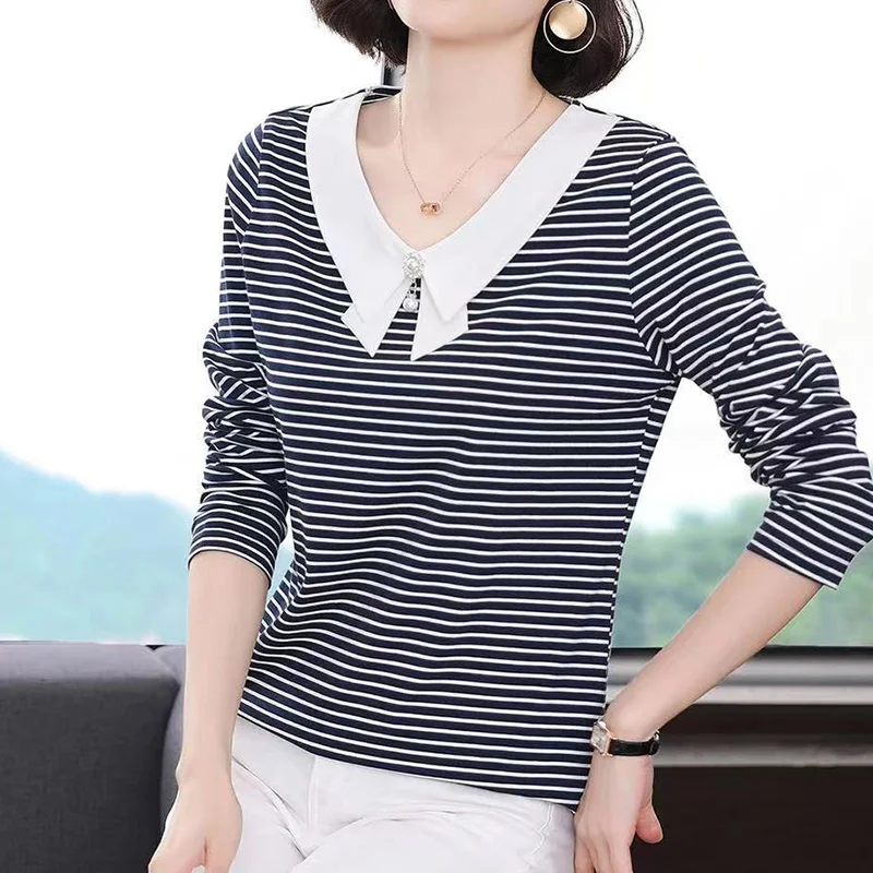 Casual Fashion Solid Striped Printing T-shirt Spring Autumn 2022 Long Sleeve Peter Pan Collar V-Neck Loose Tops Ladies Clothing