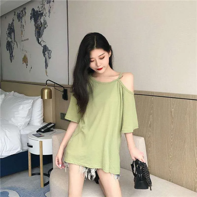 Internet Celebrity Women's Summer Outfit New Korean Version Versatile Short Sleeved Trendy Wide Truffle Shoulder T-Shirt Careful