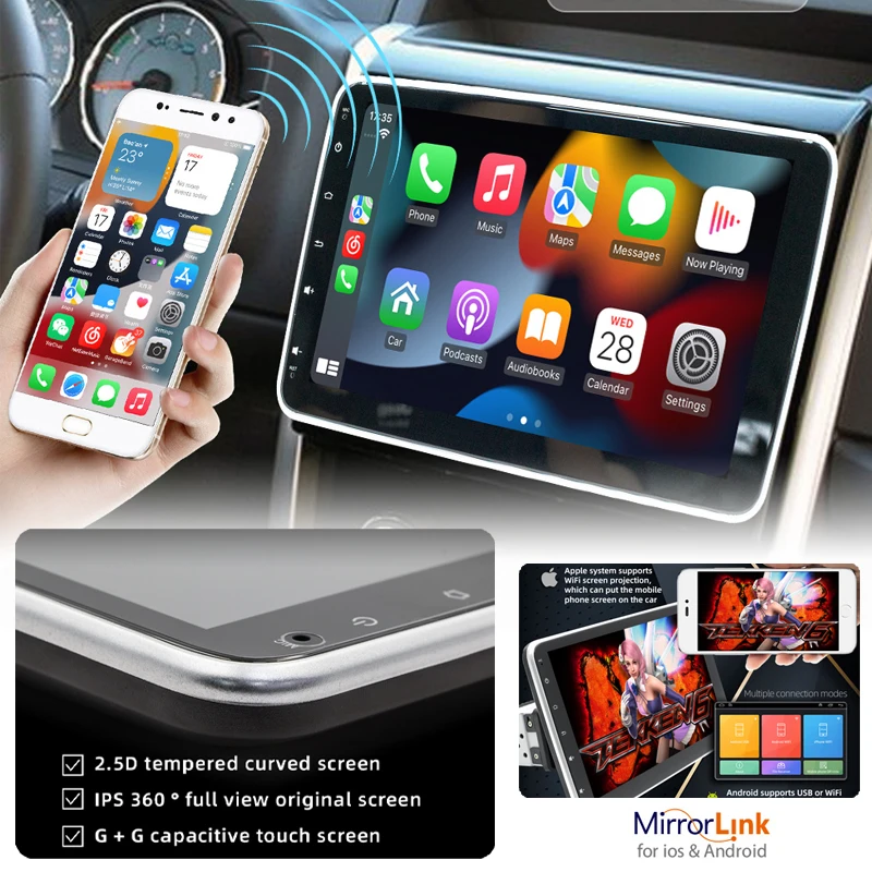 Автомобильный радиоприемник 1 Din, беспроводной Carplay, Android-автомат, Bluetooth, USB FM RDS, GPS-навигация, 10,1-дюймовый сенсорный экран Andorid Multimedia