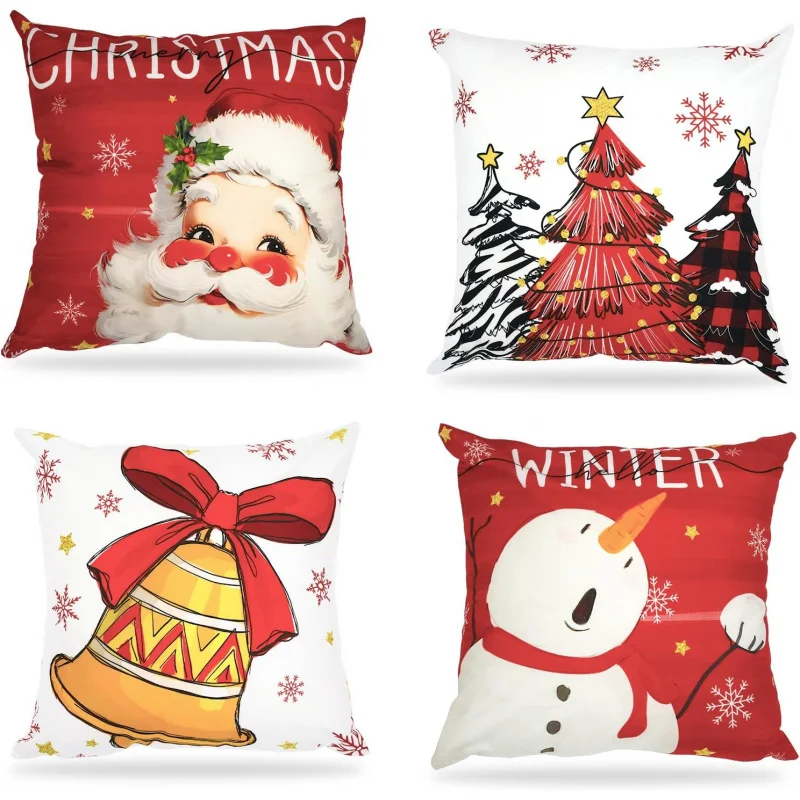 

Christmas Pillow Covers Santa Snowman Decorative Throw Pillow Cover Outdoor Cushion Cases for Farmhouse Sofa Couch Set of 4