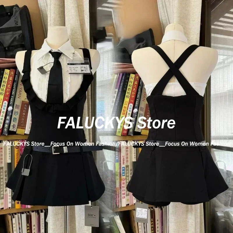 Preppy Style 2 Piece Dress Set Women Sweet Sleeveless Hot Crop Tops + Backless Mini Dress Korean Fashion Suit Summer 2024 New