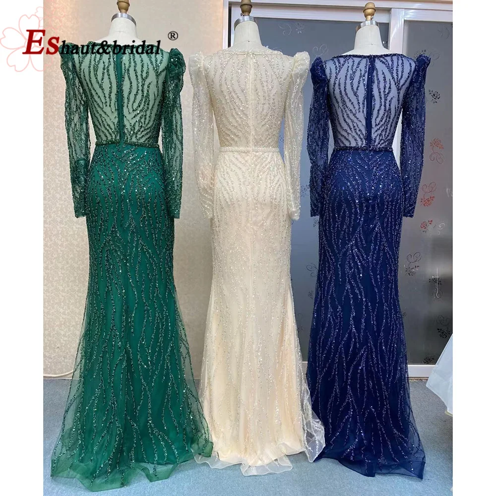 Elegant Mermaid Green Evening Night Dress for Women 2023 V Neck Long Puff Sleeves Beads Sequin Formal Prom Wedding Party Gowns