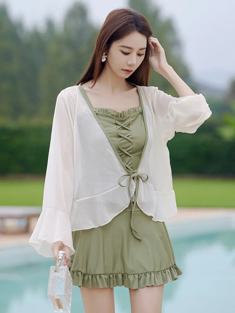 

Купальник с длинными рукавами и юбкой, раздельный комплект из двух предметов для женщин, большие размеры, скрывающий живот, для горячих источников, корректирующий фигуру