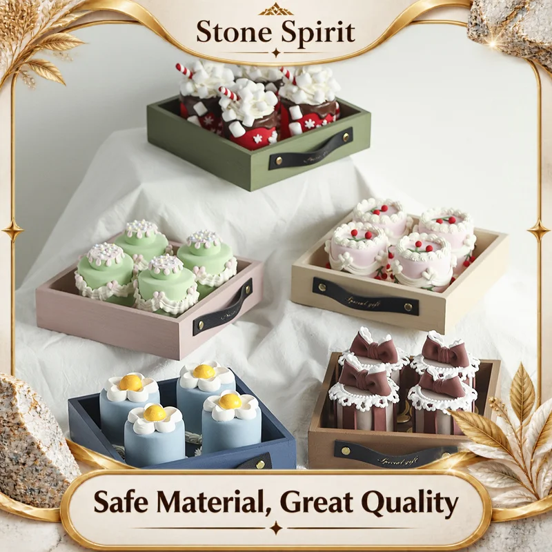 【Premium】AhunderJiaz 20cm Morandi Square Cake Tray with Handle, Wooden Dessert Display Platter for Dessert Table Sweet Serving