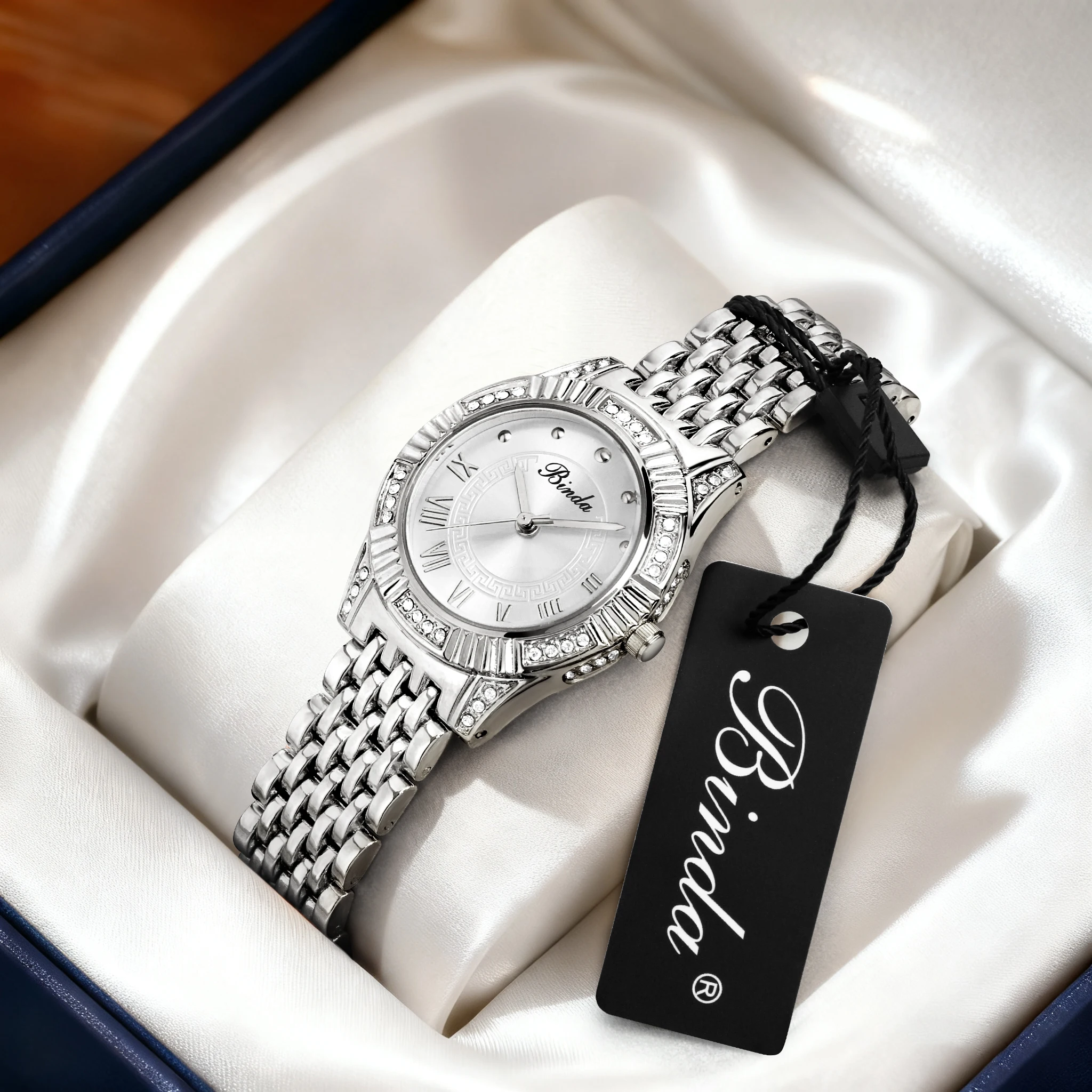 Binda Women's Fully Iced-Out Quartz Watch, Elegant Round Dial, High-Quality Rhinestones, Multi-Color Options, With Gift Box