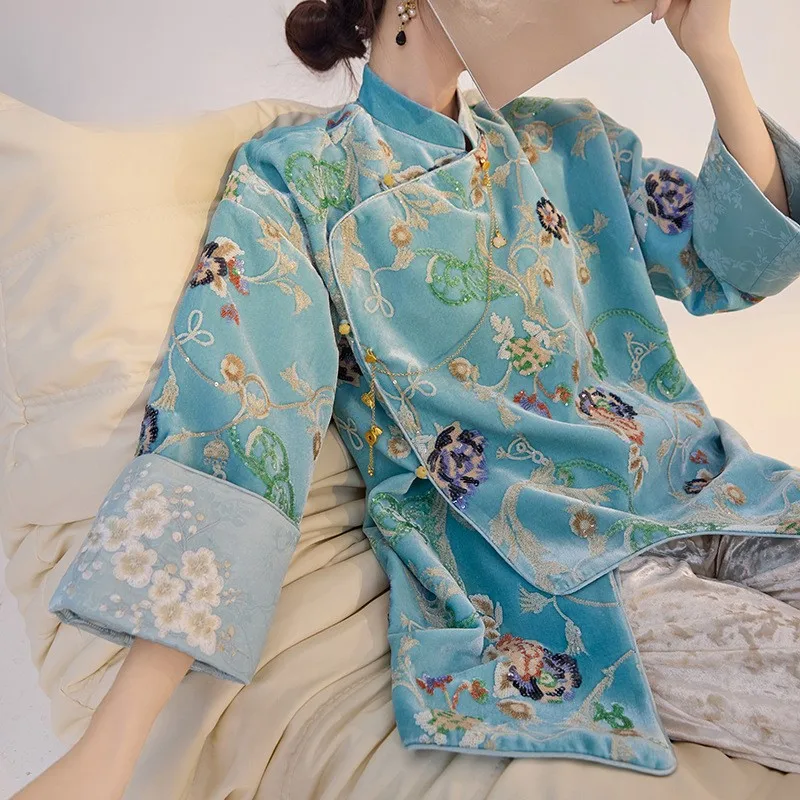 

New Chinese style floral embroidery sequin shirt old money satin top