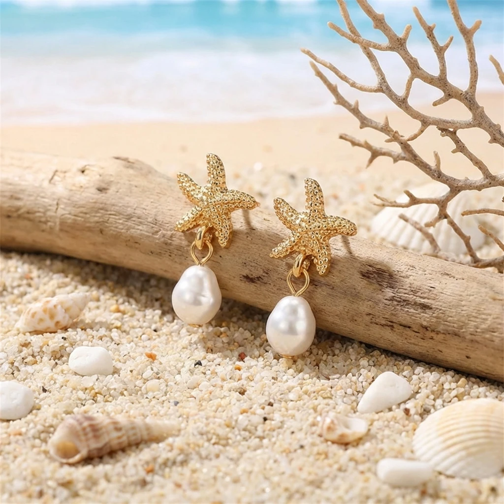 Direkt vom Hersteller: Seestern-Imitat-Perlen-Ohrringe in Goldfarbe für Frauen, Mermaidcore-Ästhetik, Hängeohrringe, Party-Schmuck, Geschenk – Detail 6