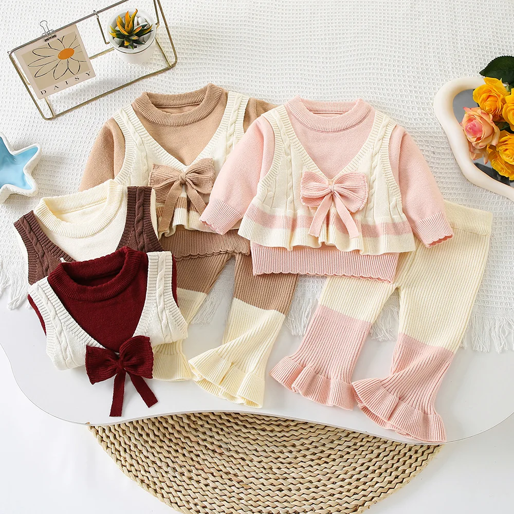 Baby Girls Knitted Clothes Sets Spring Autumn Toddler Woolen Jersey Sweaters Tops Leggings Cute Suit For Infants Girl Pants Set