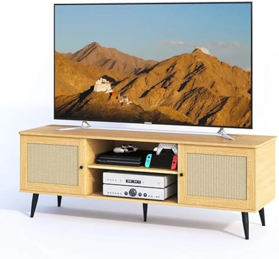 

TV Stands for Living Room, for 55 Inch TV, Rattan Entertainment Center with 2 Cabinets, Media TV Console Table with Cord Holes