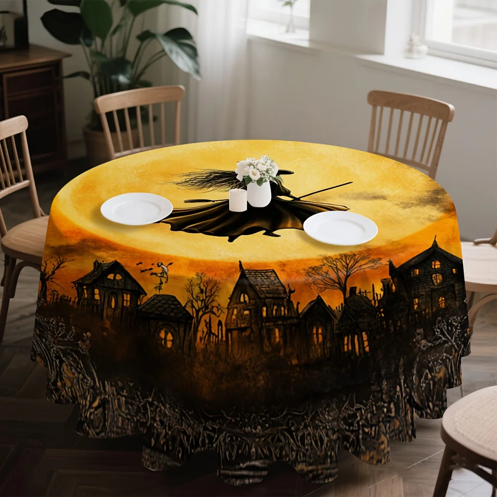 One Halloween moon witch scene round tablecloth design, suitable for compact table arrangements.zyc