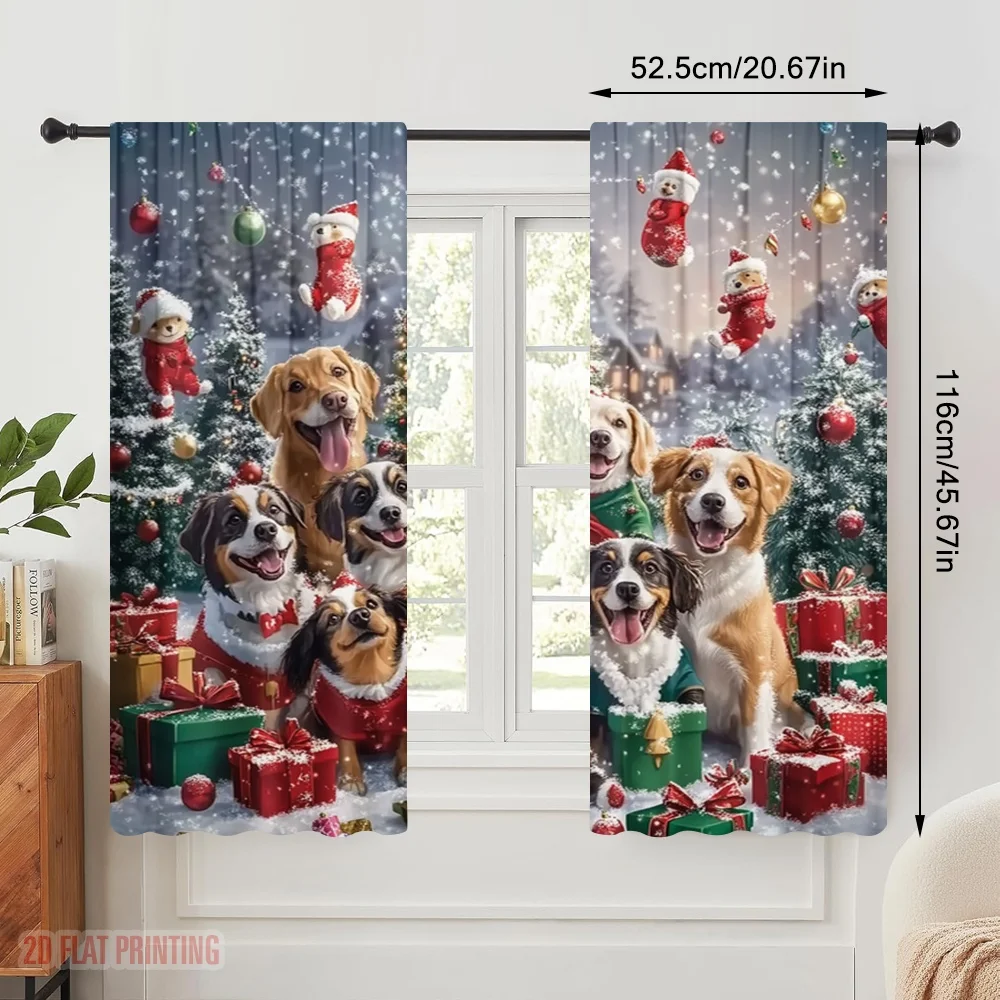 2pcs,2D plane printing Curtains Christmas Dogs Tree Snow (2) Polyester (without rod) Holiday for Various Room Types