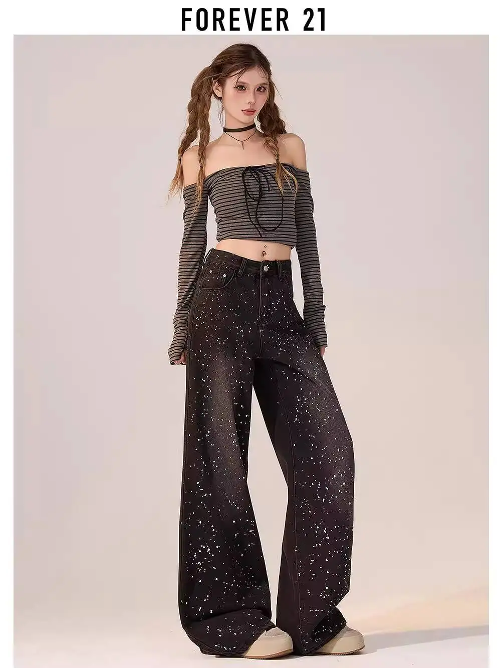 2025 Spring New  Women's Black Heavy Industry Rhinestone Jeans  Versatile Slimming Loose Wide Leg Straight Pants