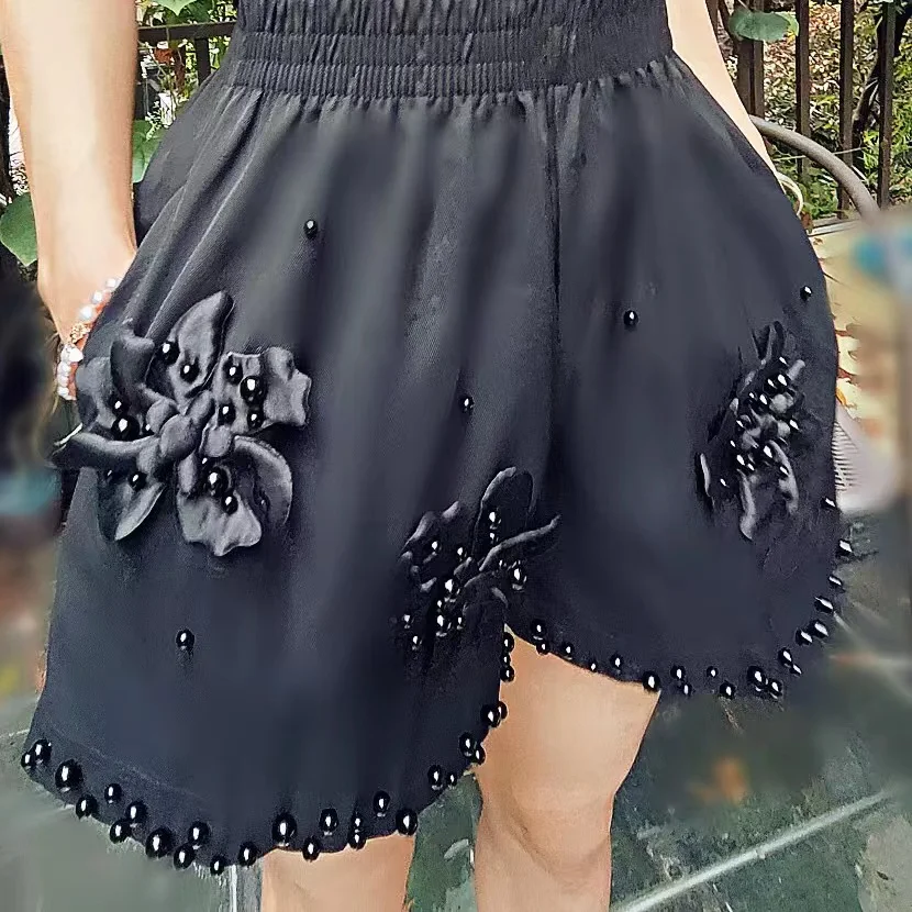 Luxury Style Pearls Beaded 3D Flowers Stitch Pantalones Cortos Wide Leg Shorts Women's Pocket Short Hot Pants Y2K Short Trousers