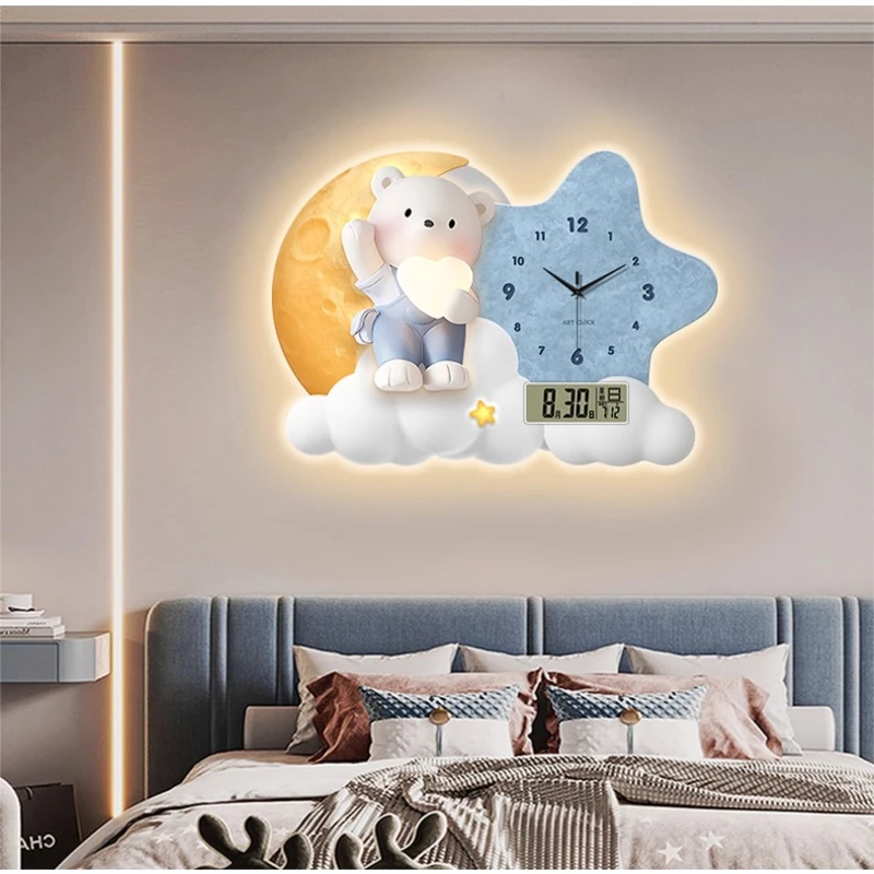 

Cartoon Bear Design Living Room Wall Clock Restaurant Clock Mural Watch Room Decorations LED Mute Quartz Clock Home Decor Items