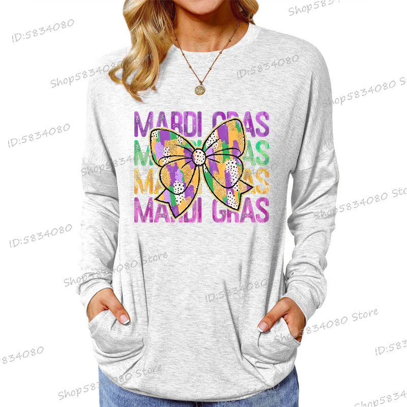 Mardi-Gras Bow Print Women T Shirt Vintage Round Neck Festival Party Streetwear Woman New Orleans Coquette Bow Mardi Gras Tshirt