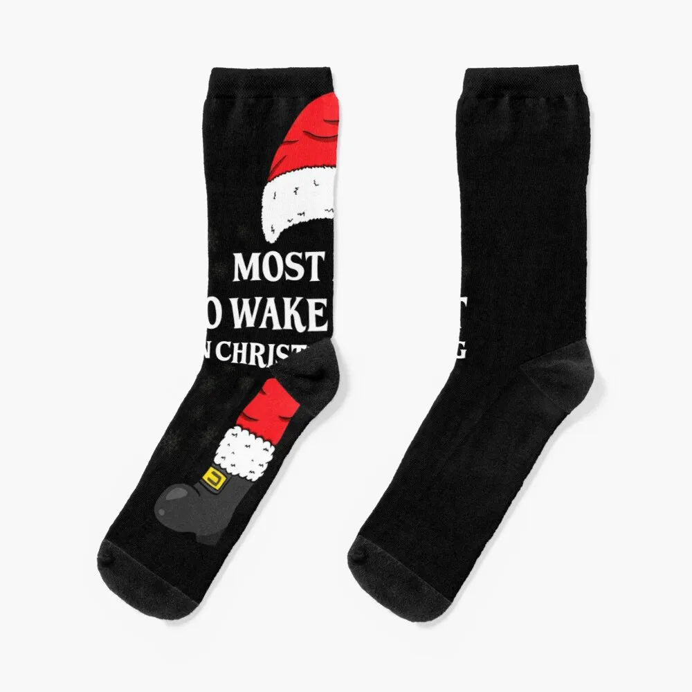 

Most Likely To Wake Up First On Christmas Morning Funny Family Matching Christmas Socks Compression Socks Men