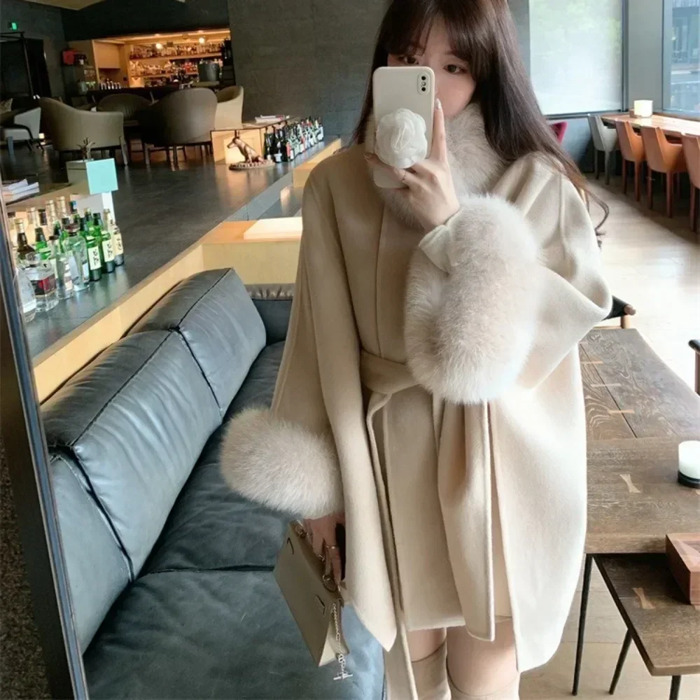 Real Fox Fur Woolen Jacket Women 2024 New Autumn Winter Cloak Wraps Bat Nine-quarter Sleeve Wool Coat Female Long Loose Belt