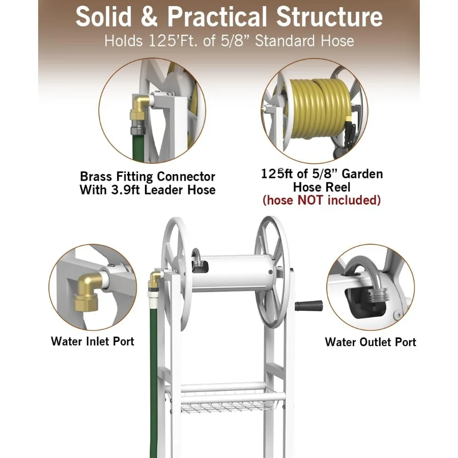 지상 설치형 정원 호스 릴, 5/8인치 호스 125피트 및 3.9피트 리더 브라스 피팅 포함, 물 호스 홀더 스탠드