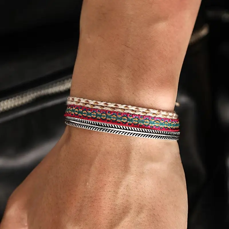 Fashion Multilevel Handmade Braided Colorful Rope Bracelets 925 Tibetan Silver C-Bracelet Sets Simple Jewelry Lover Gift