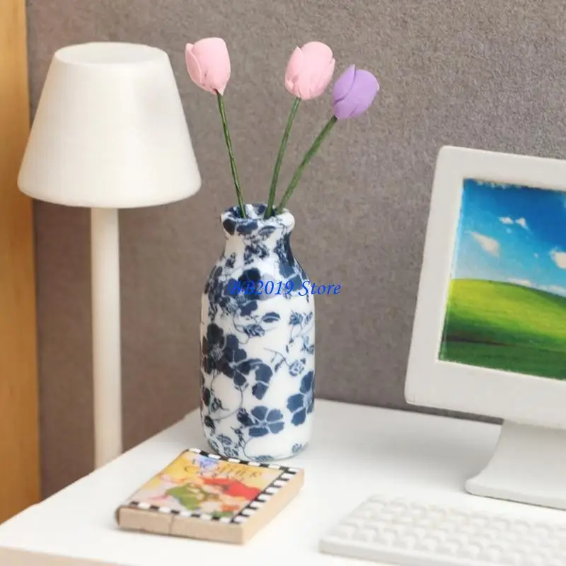 Q0KB 1:12 DOLLHOUSE Miniature Acessory Ware Mini delicado azul e branco Móveis porcelana Decoração para Doll House 7 Pcs